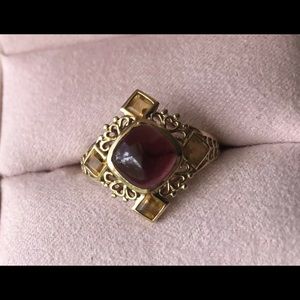 10K Yellow Gold Cabochon Garnet and Citrine Cocktail Ring, Size 7.25.